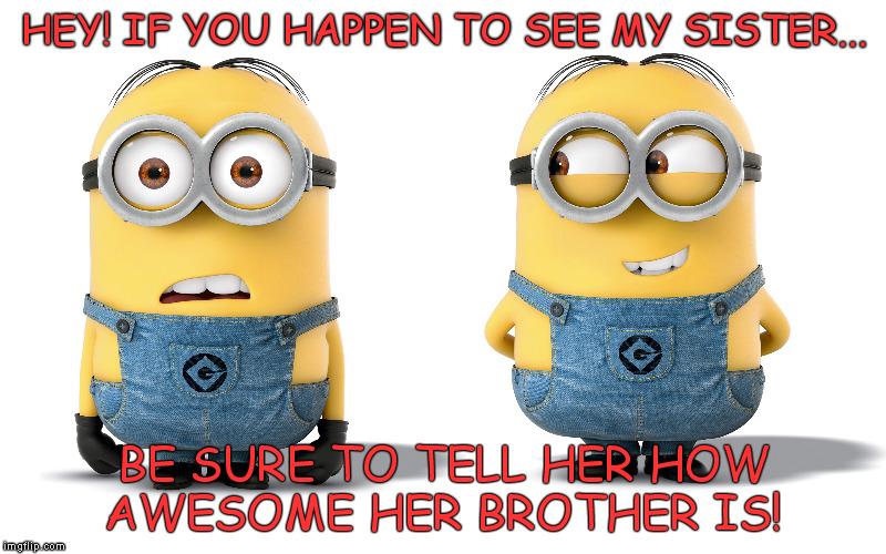 awesome brother | HEY! IF YOU HAPPEN TO SEE MY SISTER... BE SURE TO TELL HER HOW AWESOME HER BROTHER IS! | image tagged in minion | made w/ Imgflip meme maker