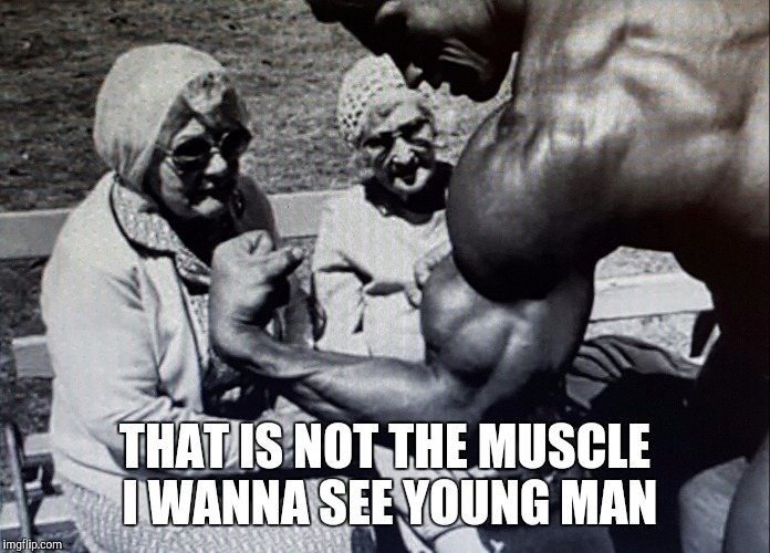 THAT IS NOT THE MUSCLE I WANNA SEE YOUNG MAN | image tagged in arnold schwarzenegger,mr universe,ped's,hgh | made w/ Imgflip meme maker