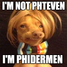 phteven dog | I'M NOT PHTEVEN; I'M PHIDERMEN | image tagged in phteven dog | made w/ Imgflip meme maker