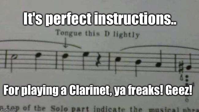 Gotta Have Complete Instructions... | It's perfect instructions.. For playing a Clarinet, ya freaks! Geez! | image tagged in memes,lmao,marching band | made w/ Imgflip meme maker