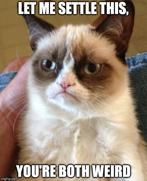 Grumpy Cat Meme | LET ME SETTLE THIS, YOU'RE BOTH WEIRD | image tagged in memes,grumpy cat | made w/ Imgflip meme maker