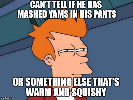 Futurama Fry Meme | CAN'T TELL IF HE HAS  MASHED YAMS IN HIS PANTS OR SOMETHING ELSE THAT'S WARM AND SQUISHY | image tagged in memes,futurama fry | made w/ Imgflip meme maker