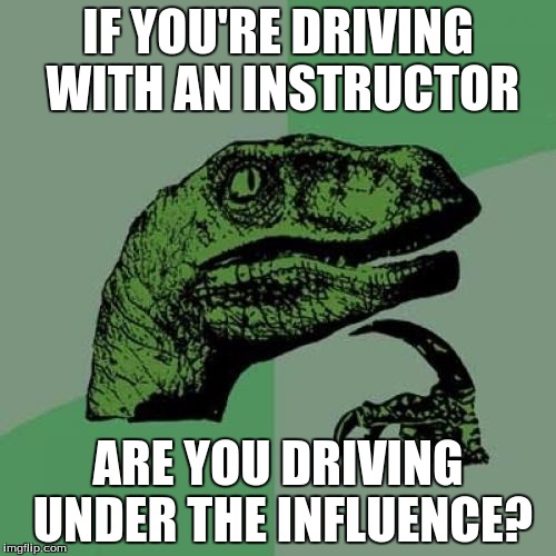 Philosoraptor | IF YOU'RE DRIVING WITH AN INSTRUCTOR; ARE YOU DRIVING UNDER THE INFLUENCE? | image tagged in memes,philosoraptor | made w/ Imgflip meme maker