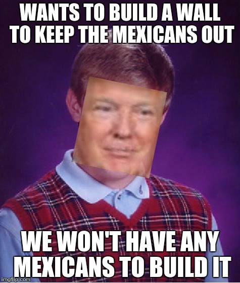 no offense to mexicans | WANTS TO BUILD A WALL TO KEEP THE MEXICANS OUT; WE WON'T HAVE ANY MEXICANS TO BUILD IT | image tagged in bad luck donald,donald trump,bad luck brian,wall | made w/ Imgflip meme maker