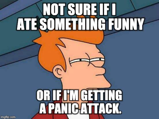 Futurama Fry Meme | NOT SURE IF I ATE SOMETHING FUNNY; OR IF I'M GETTING A PANIC ATTACK. | image tagged in memes,futurama fry | made w/ Imgflip meme maker