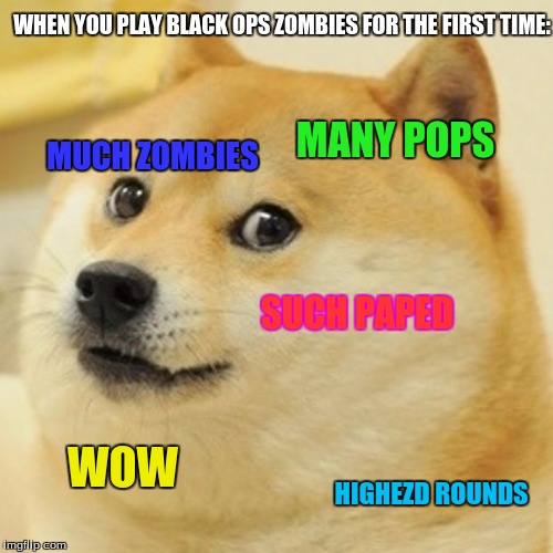 Doge | WHEN YOU PLAY BLACK OPS ZOMBIES FOR THE FIRST TIME:; MANY POPS; MUCH ZOMBIES; SUCH PAPED; WOW; HIGHEZD ROUNDS | image tagged in memes,doge | made w/ Imgflip meme maker