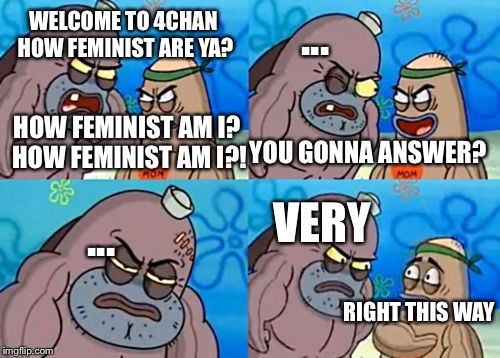 How Tough Are You | ... WELCOME TO 4CHAN HOW FEMINIST ARE YA? HOW FEMINIST AM I? HOW FEMINIST AM I?! YOU GONNA ANSWER? VERY; ... RIGHT THIS WAY | image tagged in memes,how tough are you | made w/ Imgflip meme maker