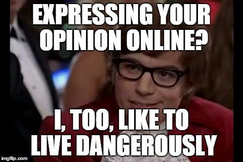 Every discussion on the internet ever..... | EXPRESSING YOUR OPINION ONLINE? I, TOO, LIKE TO LIVE DANGEROUSLY | image tagged in memes,i too like to live dangerously,austin powers,opinion,internet,forums | made w/ Imgflip meme maker