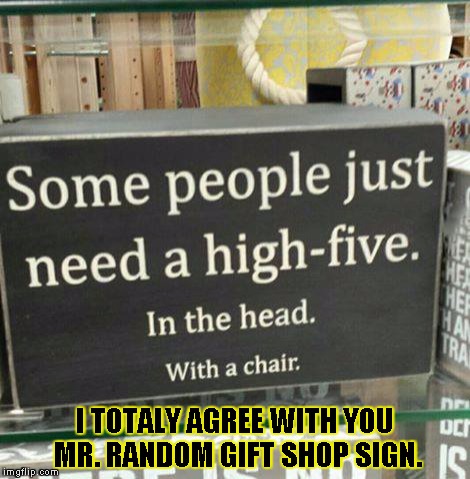 Gift shop sign | I TOTALY AGREE WITH YOU MR. RANDOM GIFT SHOP SIGN. | image tagged in funny,signs/billboards,memes,high five,violence,wwe | made w/ Imgflip meme maker