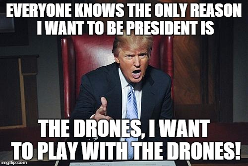 Donald Trump You're Fired | EVERYONE KNOWS THE ONLY REASON I WANT TO BE PRESIDENT IS; THE DRONES, I WANT TO PLAY WITH THE DRONES! | image tagged in donald trump you're fired | made w/ Imgflip meme maker