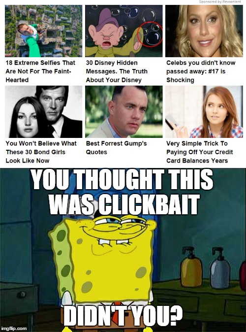 Did you think that was what it was? | YOU THOUGHT THIS WAS CLICKBAIT; DIDN'T YOU? | image tagged in other,dont you squidward | made w/ Imgflip meme maker