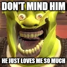 noy in my swamop | DON'T MIND HIM HE JUST LOVES ME SO MUCH | image tagged in noy in my swamop | made w/ Imgflip meme maker