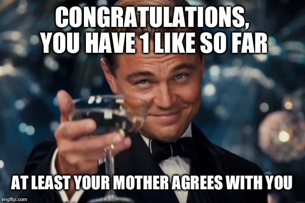Leonardo Dicaprio Cheers Meme | CONGRATULATIONS, YOU HAVE 1 LIKE SO FAR AT LEAST YOUR MOTHER AGREES WITH YOU | image tagged in memes,leonardo dicaprio cheers | made w/ Imgflip meme maker