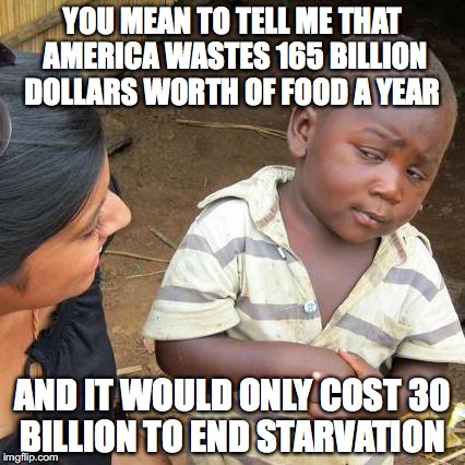 Third World Skeptical Kid Meme | YOU MEAN TO TELL ME THAT AMERICA WASTES 165 BILLION DOLLARS WORTH OF FOOD A YEAR; AND IT WOULD ONLY COST 30 BILLION TO END STARVATION | image tagged in memes,third world skeptical kid | made w/ Imgflip meme maker