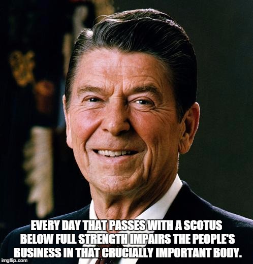Ronald Reagan face | EVERY DAY THAT PASSES WITH A SCOTUS BELOW FULL STRENGTH IMPAIRS THE PEOPLE'S BUSINESS IN THAT CRUCIALLY IMPORTANT BODY. | image tagged in ronald reagan face | made w/ Imgflip meme maker