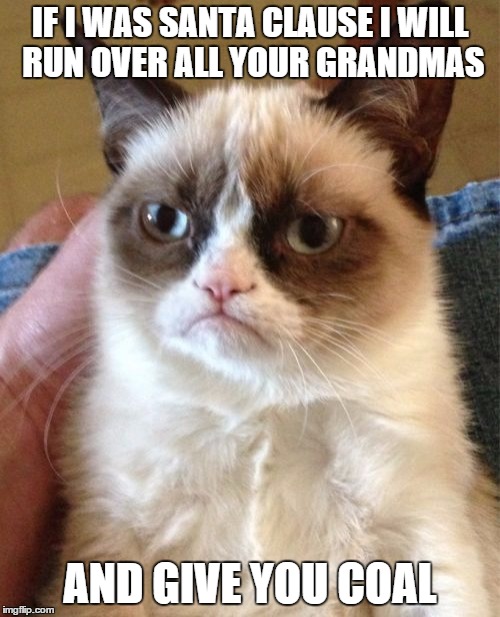 Grumpy Cat Meme | IF I WAS SANTA CLAUSE I WILL RUN OVER ALL YOUR GRANDMAS; AND GIVE YOU COAL | image tagged in memes,grumpy cat | made w/ Imgflip meme maker