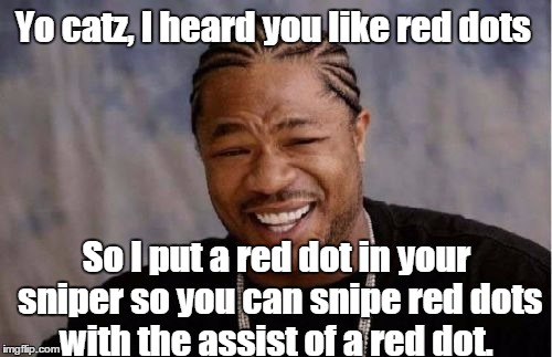 Yo Dawg Heard You Meme | Yo catz, I heard you like red dots So I put a red dot in your sniper so you can snipe red dots with the assist of a red dot. | image tagged in memes,yo dawg heard you | made w/ Imgflip meme maker