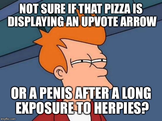 Futurama Fry Meme | NOT SURE IF THAT PIZZA IS DISPLAYING AN UPVOTE ARROW OR A P**IS AFTER A LONG EXPOSURE TO HERPIES? | image tagged in memes,futurama fry | made w/ Imgflip meme maker