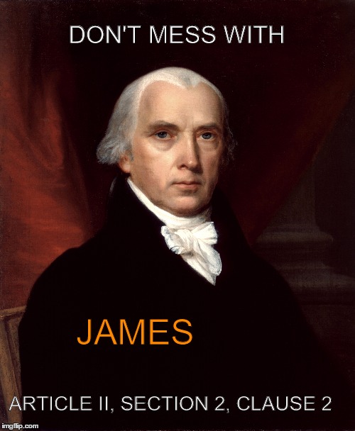 Madison Art. II | DON'T MESS WITH; JAMES; ARTICLE II, SECTION 2, CLAUSE 2 | image tagged in james madison,constitution,article ii,don't mess with | made w/ Imgflip meme maker