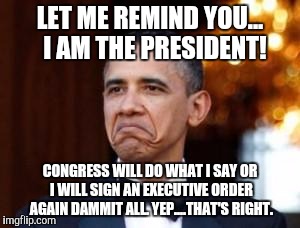 obama not bad | LET ME REMIND YOU...  I AM THE PRESIDENT! CONGRESS WILL DO WHAT I SAY OR I WILL SIGN AN EXECUTIVE ORDER AGAIN DAMMIT ALL. YEP....THAT'S RIGHT. | image tagged in obama not bad | made w/ Imgflip meme maker