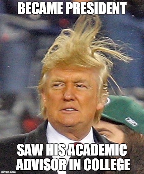 Donald Trumph hair | BECAME PRESIDENT; SAW HIS ACADEMIC ADVISOR IN COLLEGE | image tagged in donald trumph hair | made w/ Imgflip meme maker