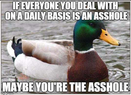 Actual Advice Mallard | IF EVERYONE YOU DEAL WITH ON A DAILY BASIS IS AN ASSHOLE; MAYBE YOU'RE THE ASSHOLE | image tagged in memes,actual advice mallard,AdviceAnimals | made w/ Imgflip meme maker