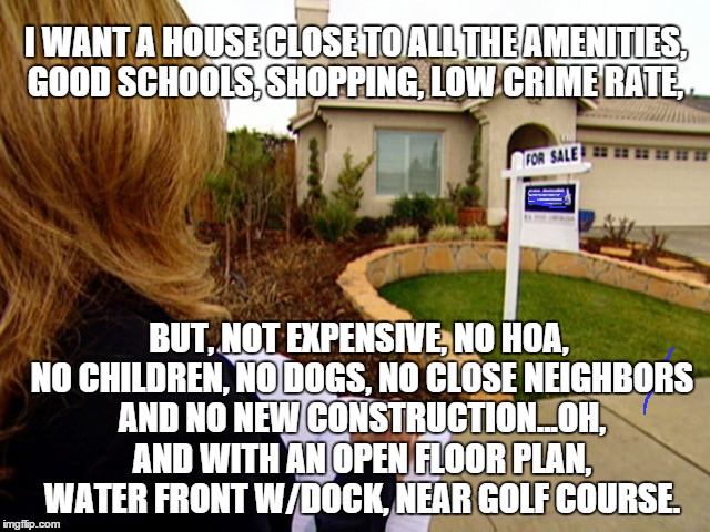 Why close to good schools, but you don't want to live near children?   | I WANT A HOUSE CLOSE TO ALL THE AMENITIES, GOOD SCHOOLS, SHOPPING, LOW CRIME RATE, BUT, NOT EXPENSIVE, NO HOA, NO CHILDREN, NO DOGS, NO CLOSE NEIGHBORS AND NO NEW CONSTRUCTION...OH, AND WITH AN OPEN FLOOR PLAN, WATER FRONT W/DOCK, NEAR GOLF COURSE. | image tagged in memes,funny memes,unrealistic expectations | made w/ Imgflip meme maker