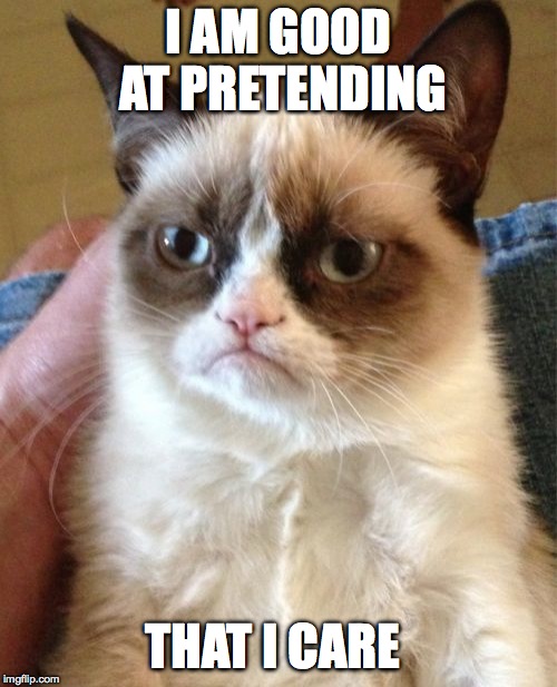 Grumpy Cat | I AM GOOD AT PRETENDING; THAT I CARE | image tagged in memes,grumpy cat | made w/ Imgflip meme maker