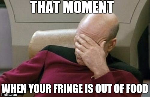 Captain Picard Facepalm | THAT MOMENT; WHEN YOUR FRINGE IS OUT OF FOOD | image tagged in memes,captain picard facepalm | made w/ Imgflip meme maker