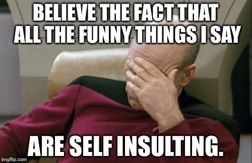 Captain Picard Facepalm | BELIEVE THE FACT THAT ALL THE FUNNY THINGS I SAY; ARE SELF INSULTING. | image tagged in memes,captain picard facepalm | made w/ Imgflip meme maker