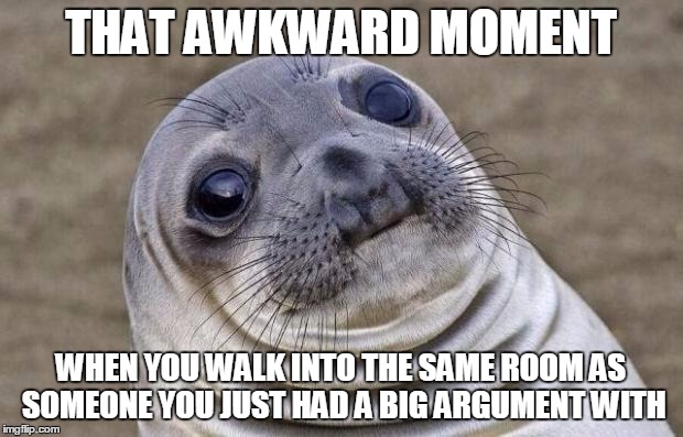 Awkward Moment Sealion | THAT AWKWARD MOMENT; WHEN YOU WALK INTO THE SAME ROOM AS SOMEONE YOU JUST HAD A BIG ARGUMENT WITH | image tagged in memes,awkward moment sealion | made w/ Imgflip meme maker