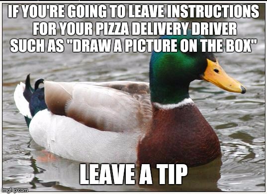 Actual Advice Mallard | IF YOU'RE GOING TO LEAVE INSTRUCTIONS FOR YOUR PIZZA DELIVERY DRIVER SUCH AS "DRAW A PICTURE ON THE BOX"; LEAVE A TIP | image tagged in memes,actual advice mallard,AdviceAnimals | made w/ Imgflip meme maker