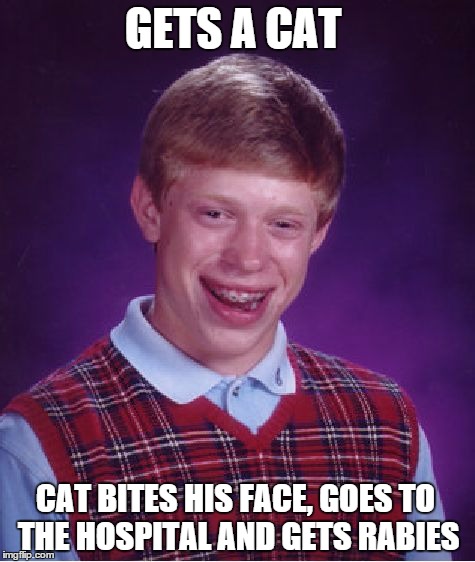 Bad Luck Brian | GETS A CAT; CAT BITES HIS FACE, GOES TO THE HOSPITAL AND GETS RABIES | image tagged in memes,bad luck brian | made w/ Imgflip meme maker