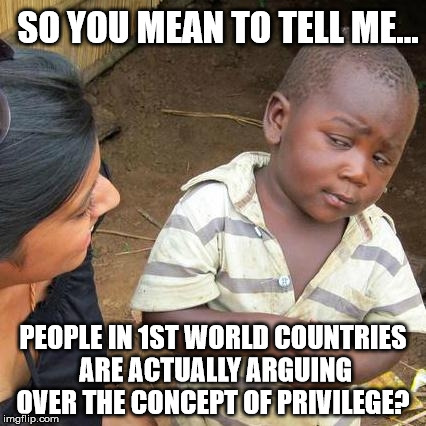 Third World Skeptical Kid | SO YOU MEAN TO TELL ME... PEOPLE IN 1ST WORLD COUNTRIES ARE ACTUALLY ARGUING OVER THE CONCEPT OF PRIVILEGE? | image tagged in memes,third world skeptical kid | made w/ Imgflip meme maker