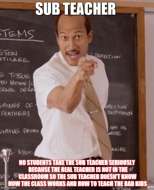 sub teacher | SUB TEACHER; NO STUDENTS TAKE THE SUB TEACHER SERIOUSLY  BECAUSE THE REAL TEACHER IS NOT IN THE CLASSROOM SO THE SUB TEACHER DOESN'T KNOW HOW THE CLASS WORKS AND HOW TO TEACH THE BAD KIDS | image tagged in sub teacher | made w/ Imgflip meme maker