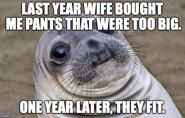 Awkward Moment Sealion | LAST YEAR WIFE BOUGHT ME PANTS THAT WERE TOO BIG. ONE YEAR LATER, THEY FIT. | image tagged in memes,awkward moment sealion,AdviceAnimals | made w/ Imgflip meme maker