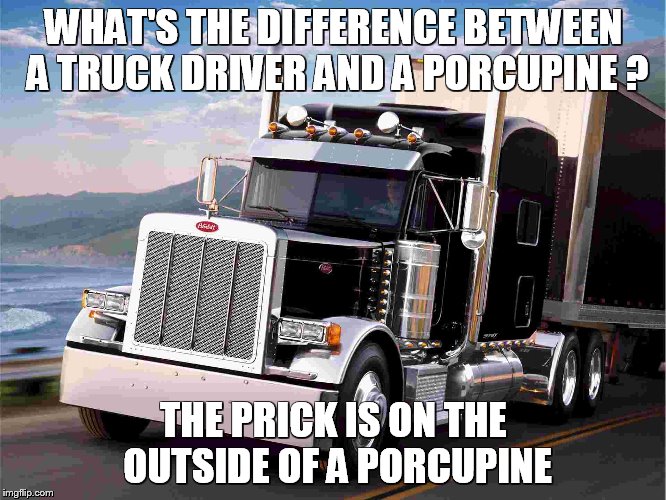 Prick | WHAT'S THE DIFFERENCE BETWEEN A TRUCK DRIVER AND A PORCUPINE ? THE PRICK IS ON THE OUTSIDE OF A PORCUPINE | image tagged in trucking | made w/ Imgflip meme maker