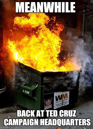 Dumpster Fire | MEANWHILE; BACK AT TED CRUZ CAMPAIGN HEADQUARTERS | image tagged in dumpster fire | made w/ Imgflip meme maker
