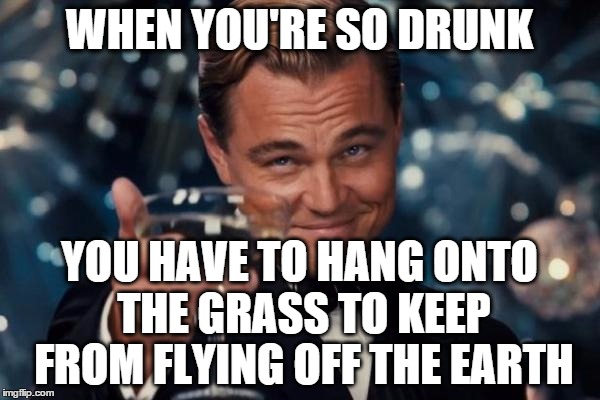 Been there, done that ... got bailed out. | WHEN YOU'RE SO DRUNK YOU HAVE TO HANG ONTO THE GRASS TO KEEP FROM FLYING OFF THE EARTH | image tagged in memes,leonardo dicaprio cheers,grass,earth,drunk,flying | made w/ Imgflip meme maker