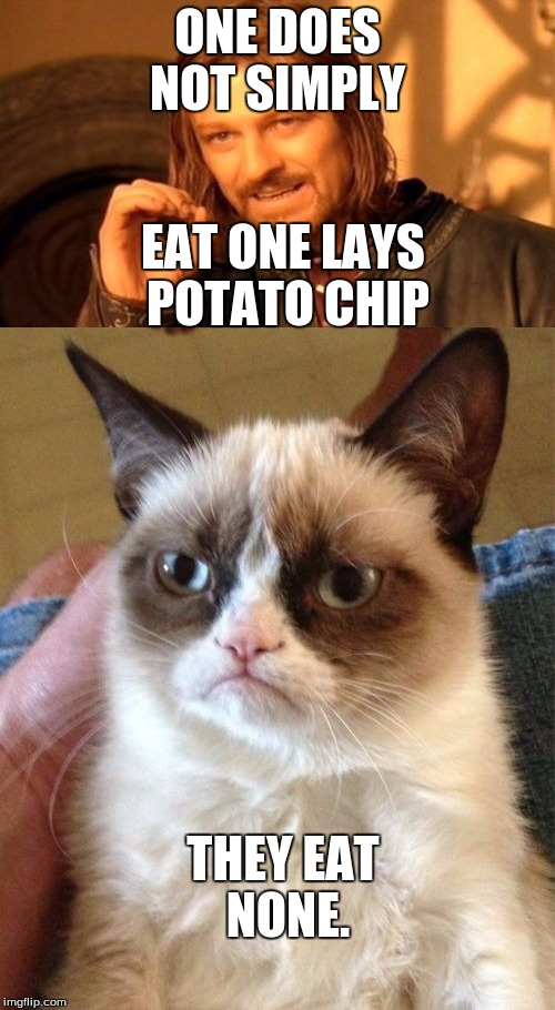 one does not simply | ONE DOES NOT SIMPLY; EAT ONE LAYS POTATO CHIP; THEY EAT NONE. | image tagged in soz if this didn't make any sense lol,grumpy cat,one does not simply | made w/ Imgflip meme maker