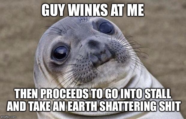 Awkward Moment Sealion Meme | GUY WINKS AT ME; THEN PROCEEDS TO GO INTO STALL AND TAKE AN EARTH SHATTERING SHIT | image tagged in memes,awkward moment sealion,AdviceAnimals | made w/ Imgflip meme maker