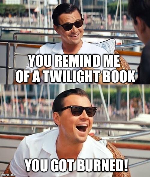 Leonardo Dicaprio Wolf Of Wall Street | YOU REMIND ME OF A TWILIGHT BOOK; YOU GOT BURNED! | image tagged in memes,leonardo dicaprio wolf of wall street | made w/ Imgflip meme maker