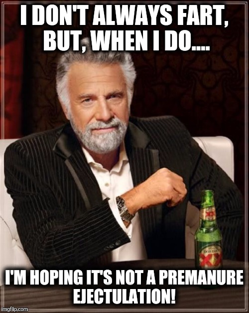 The Most Interesting Man In The World Meme | I DON'T ALWAYS FART, BUT, WHEN I DO.... I'M HOPING IT'S NOT A
PREMANURE EJECTULATION! | image tagged in memes,the most interesting man in the world | made w/ Imgflip meme maker