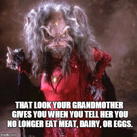 Ogra Aughra the dark crystal vegan grand mother | THAT LOOK YOUR GRANDMOTHER GIVES YOU WHEN YOU TELL HER YOU NO LONGER EAT MEAT, DAIRY, OR EGGS. | image tagged in ogra aughra the dark crystal vegan grand mother | made w/ Imgflip meme maker