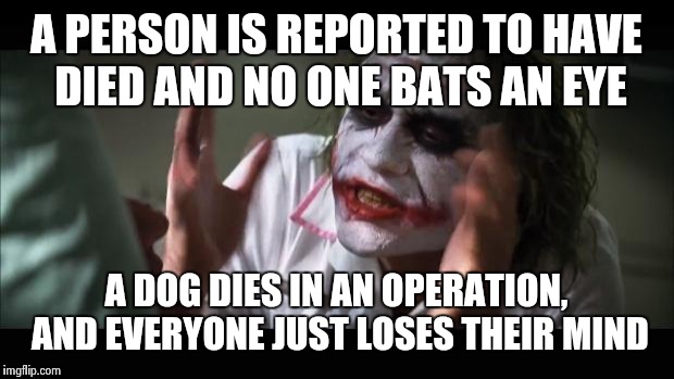 Think about it. | A PERSON IS REPORTED TO HAVE DIED AND NO ONE BATS AN EYE; A DOG DIES IN AN OPERATION, AND EVERYONE JUST LOSES THEIR MIND | image tagged in memes,and everybody loses their minds | made w/ Imgflip meme maker