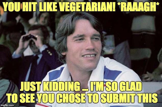 YOU HIT LIKE VEGETARIAN! *RAAAGH* JUST KIDDING ... I'M SO GLAD TO SEE YOU CHOSE TO SUBMIT THIS | made w/ Imgflip meme maker