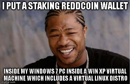 Yo Dawg Heard You Meme | I PUT A STAKING REDDCOIN WALLET; INSIDE MY WINDOWS 7 PC INSIDE A WIN XP VIRTUAL MACHINE WHICH INCLUDES A VIRTUAL LINUX DISTRO | image tagged in memes,yo dawg heard you | made w/ Imgflip meme maker