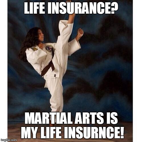 karate or whatever | LIFE INSURANCE? MARTIAL ARTS IS MY LIFE INSURNCE! | image tagged in karate or whatever | made w/ Imgflip meme maker