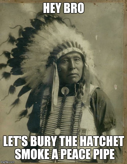 Native Elder | HEY BRO LET'S BURY THE HATCHET SMOKE A PEACE PIPE | image tagged in native elder | made w/ Imgflip meme maker