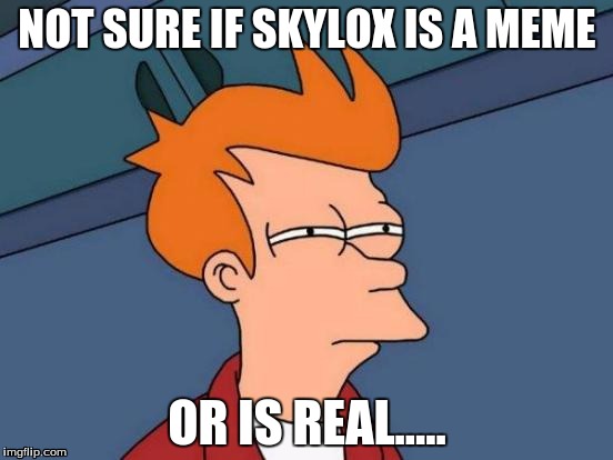Futurama Fry | NOT SURE IF SKYLOX IS A MEME; OR IS REAL..... | image tagged in memes,futurama fry | made w/ Imgflip meme maker